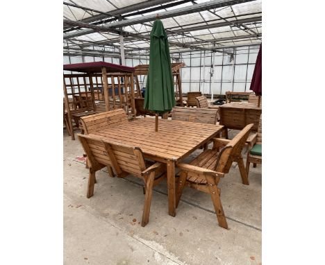 AN AS NEW EX DISPLAY CHARLES TAYLOR PATIO SET COMPRISING OF A LARGE SQUARE TABLE, FOUR TWO SEATER BENCHES AND A PARASOL *PLEA