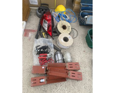 AN ASSORTMENT OF ITEMS TO INCLUDE JUMP LEADS, A CAR REAR LIGHT AND ELECTRIC CABLE ETC 