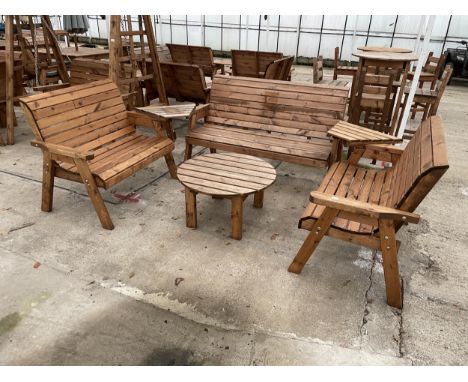 AN AS NEW EX DISPLAY CHARLES TAYLOR PATIO SET COMPRISING OF A THREE SEATER BENCH, TWO TWO SEATER BENCHES AND A COFFEE TABLE *