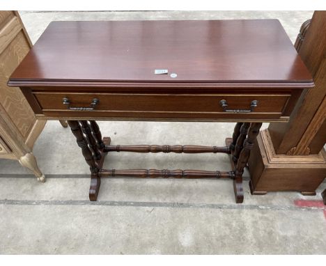 A MODERN MAHOGANY CONSOLE TABLE WITH SINGLE DRAWER, ON TURNED UPRIGHTS AND STRETCHERS, 36" WIDE 