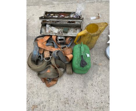 AN ASSORTMENT OF ITEMS TO INCLUDE RATCHET STRAPS AND A TOOL BOX CONTAINING AN ASSORTMENT OF TOOLS ETC 