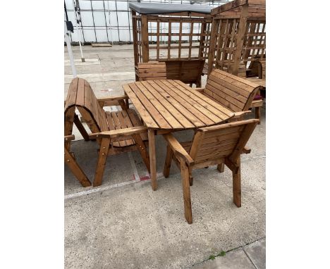 AN AS NEW EX DISPLAY CHARLES TAYLOR PATIO SET TO INCLUDE OVAL TABLE, TWO CHAIRS AND TWO TWO SEATER BENCHES *PLEASE NOTE VAT T