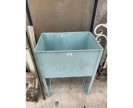 A SMALL VINTAGE METAL PLANTER WITH STAND 