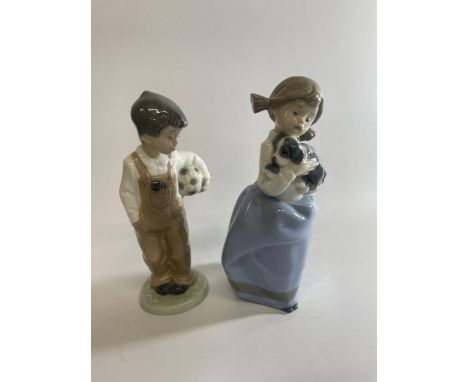 TWO NAO LLADRO FIGURES - BOY WITH FOOTBALL AND GIRL 