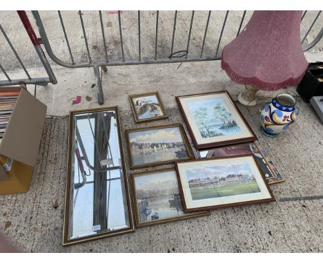 AN ASSORTMENT OF FRAMED PRINTS, A LAMP AND A CERAMIC VASE ETC 