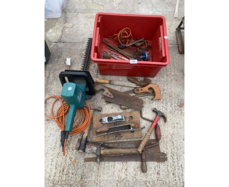 AN ASSORTMENT OF TOOLS TO INCLUDE SAWS, FILES AND ABLACK AND DECKER HEDGE TRIMMER ETC 