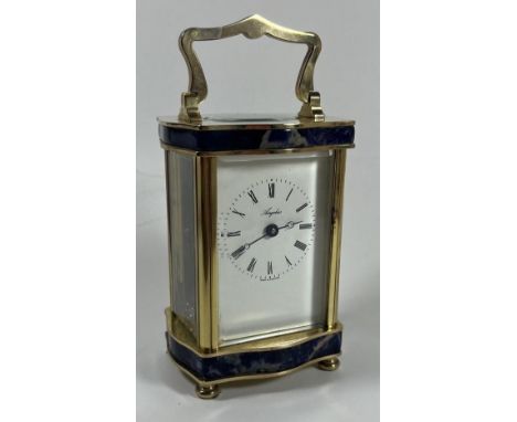 A QUALITY ENGLISH ANGELUS BRASS CASED CARRIAGE CLOCK WITH LAPIS LAZULI BANDED DESIGN, WORKING AT TIME OF LOTTING, HEIGHT 16CM