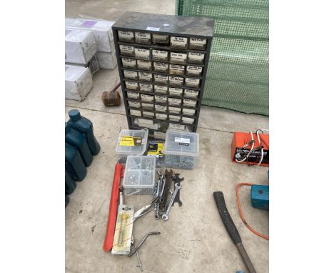 AN ASSORTMENT OF TOOLS AND HARDWARE TO INCLUDE NAILS AND SCREWS ETC 