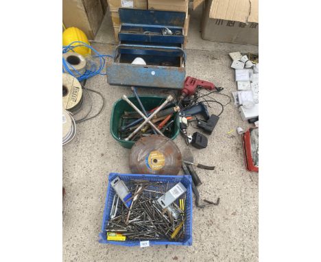 AN ASSORTMENT OF TOOLS TO INCLUDE WHEEL BRACES, DRILL BITS AND TWO POWER DRILLS ETC 