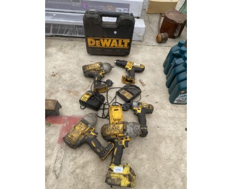 FIVE VARIOUS DEWALT POWER TOOLS TO INCLUDE DRILLS AND IMPACT WRENCHES ETC WITH CHARGERS AND CASE ETC 