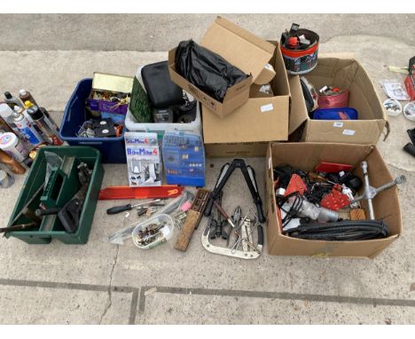 A LARGE ASSORTMENT OF TOOLS AND HARDWARE TO INCLUDE HAMMERS, PLIERS AND A WHEEL BRACE ETC 