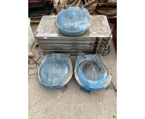 SIX STAINLESS STEEL BARTSCHER HEAT PLATES AND THREE BUFFET WARMING DISHES 