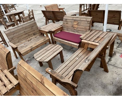 AN AS NEW EX DISPLAY CHARLES TAYLOR PATIO SET COMPRISING OF THREE TWO SEATER BENCHES, TWO SIDE TABLES AND A COFFEE TABLE *PLE