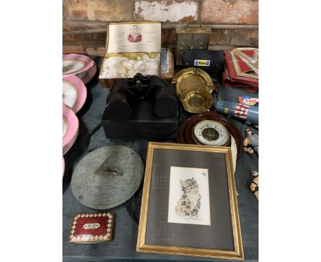 A MIXED LOT INCLUDING CAT PRINT, SUNDIAL, BINOCULARS ETC 