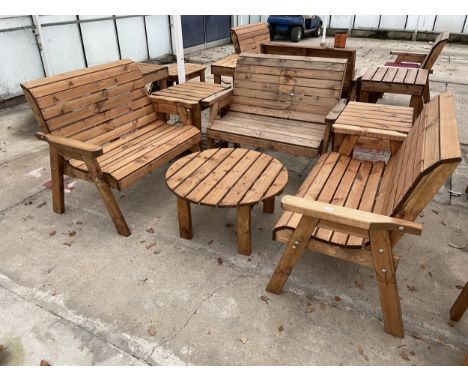 AN AS NEW EX DISPLAY CHARLES TAYLOR PATIO SET COMPRISING OF THREE TWO SEATER BENCHES, TWO SIDE TABLES AND A COFFEE TABLE *PLE