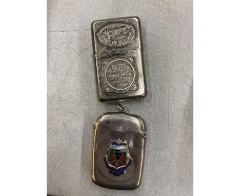 TWO ITEMS - JACK DANIELS LIGHTER AND A VESTA CASE WITH ENAMEL COAT OF ARMS 