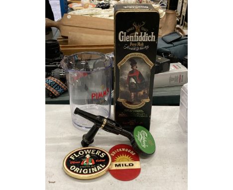 A PIMM'S PITCHER, WHISKY TIN, TWO BEER MOTIFS AND A CARLSBERG TAP 