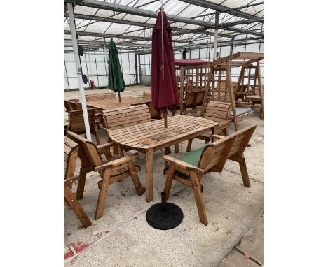 AN AS NEW EX DISPLAY CHARLES TAYLOR PATIO SET COMPRISING OF AN OBLONG TABLE, TWO TWO SEATER BENCHES, TWO CHAIRS AND A PARASOL