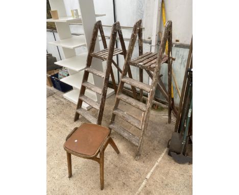 TWO VINTAGE FOUR RUNG WOODEN STEP LADDERS AND A KITCHEN STOOL 