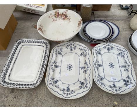 AN ASSORTMENT OF CERAMIC MEAT PLATTERS AND A WASH BOWL ETC 