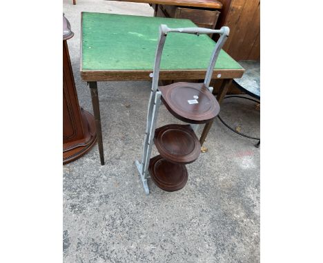 AN EDWARDIAN MAHOGANY AND INLAID PAINTED AFTERNOON TEA STAND AND CARD TABLE 