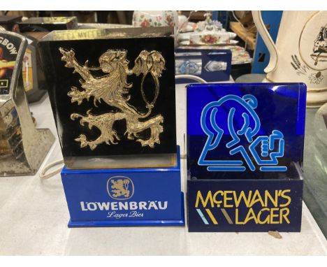 TWO SOLID LUCITE LIGHT UP LOWENBRAU AND McEWAN'S LAGER BAR FONTS 