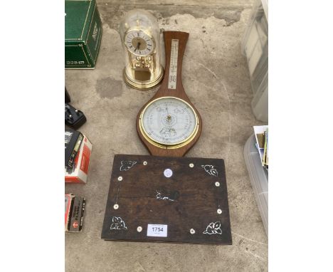 A SMALL INLAID WOODEN BOX, AN ANIVERSARY CLOCK AND A BAROMETER 