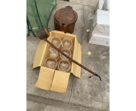 SIX CUT GLASS BRANDY BALOONS, A WOODEN SHILLELAGH AND A WOODEN LIDDED BOX 