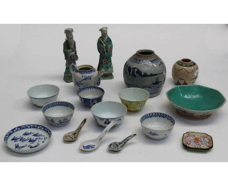 An early 19th century Chinese provincial blue and white ovoid jar, decorated with fisherman and boats in a landscape, 16.5cm,