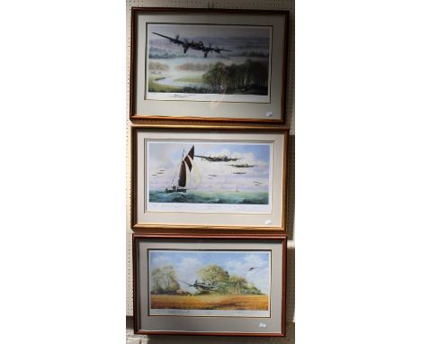 After Bill Perring 20th century BritishA Messerschmitt 109 being pursued by a Spitfire over a field, colour print 28 x 55cm, 