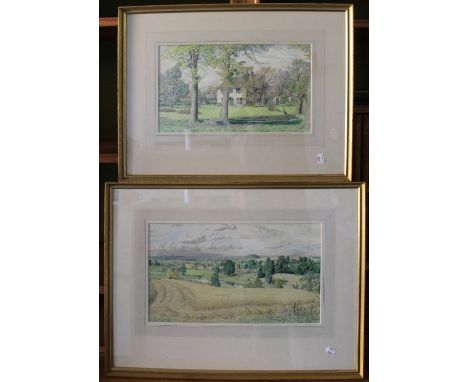 S R BadminA view of Hardiss Farm, watercolour, 24 x 42cm together with A view towards Warwick from Chesterton Church, waterco
