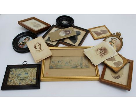 A 20th century portrait miniature of Napoleon, half length, indistinctly signed, 8 x 6cm, together with three silhouette prof