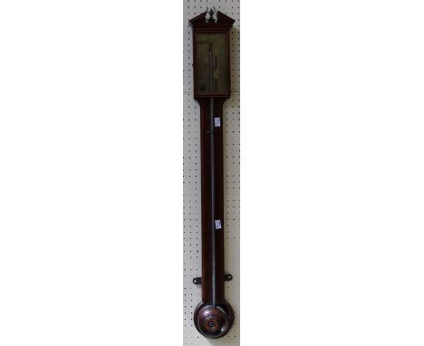 Cha.Porta, London. An early 19th century mahogany stick barometer, with broken architectural pediment over brass gauge and ch