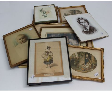 Three framed and glazed Baxter prints, including The Cherry Seller, The soldiers Return and Learning to Ride, each 13.5 x 16.