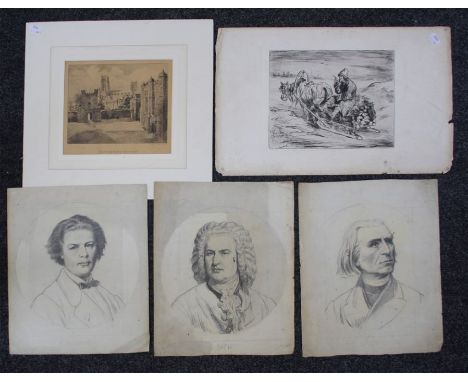 Early 20th century European School, bust length portrait of JS Bach, pencil, 26 x 27cm, together with two other portraits of 