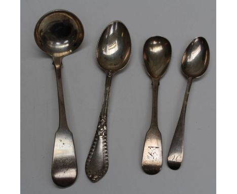 A William IV Scottish silver sauce ladle, Edinburgh 1831 together with three Scottish silver teaspoons, various dates and mak