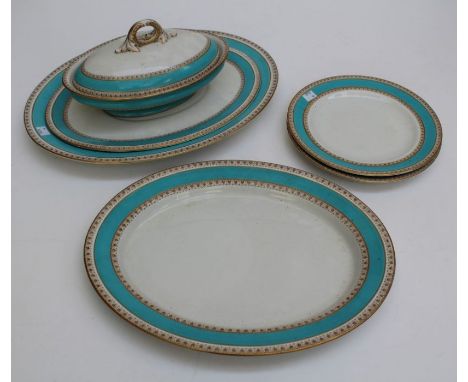 A Royal Worcester part table set having turquoise bands with anthemion borders (quantity)