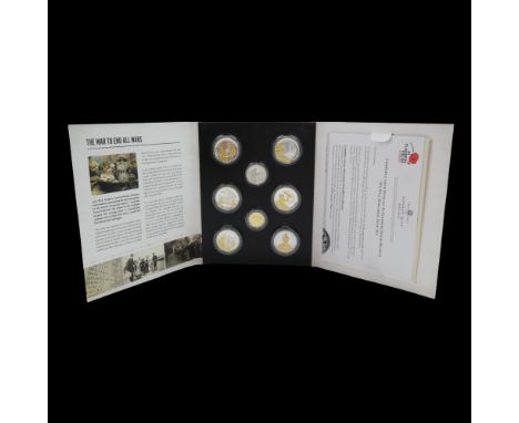 "We Will Remember Them" coin set comprising a 9 ct gold double crown, six silver-plated tombac crowns and a cupro-nickel half