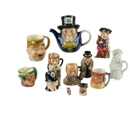 A group of Royal Doulton, Beswick and other character jugs together with a Tony Wood "Mad Hatter" teapot, latter 20 cm