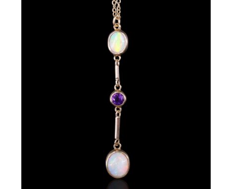 An opal and amethyst pendant necklace, comprising an articulated vertical arrangement of two bezel-set oval opal cabochons di
