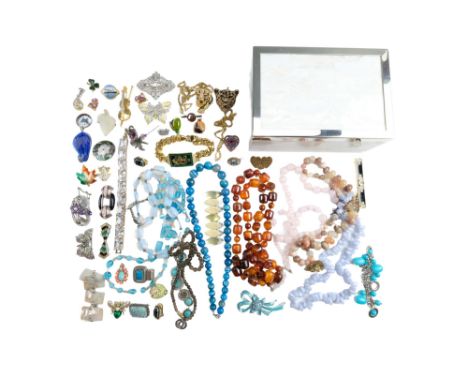 A jewellery box and quantity of vintage and later costume jewellery, including glass bead necklaces, micromosaic and enamelle