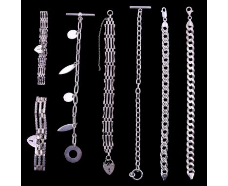 Silver / white metal traditional gate-link, T-bar-and-ring, fringed and other bracelets, 97 g