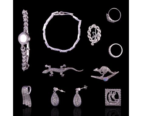 A group of vintage marcasite, silver, white metal and other jewellery and watches including a galleon brooch by Lec, Australi