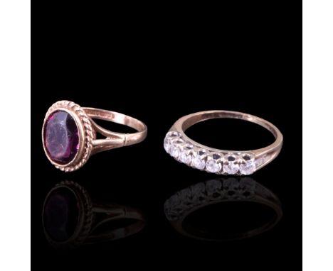 A faux-amethyst and 9 ct gold ring together with a white paste and 9 ct gold half hoop, 4.6 g