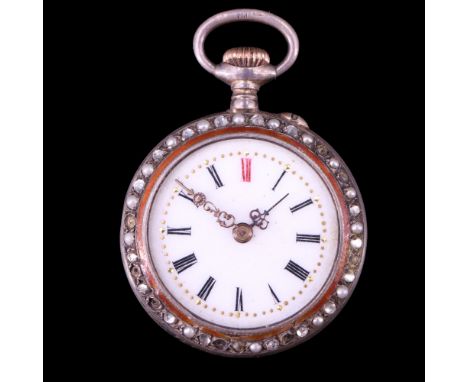 A late 19th Century lady's fob watch, having a Swiss crown-wound and pin-set movement and white enamel face with gilt minute 