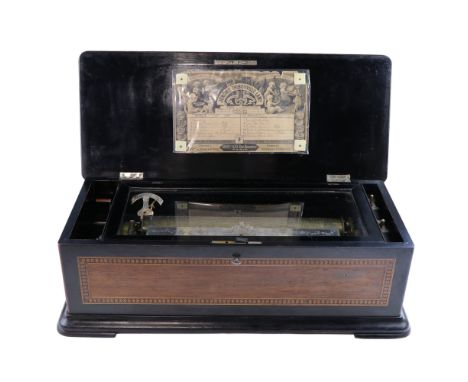 A late 19th Century Jérôme Thibouville-Lamy musical box, playing twelve airs, in a marquetry inlaid and ebonised wooden case,