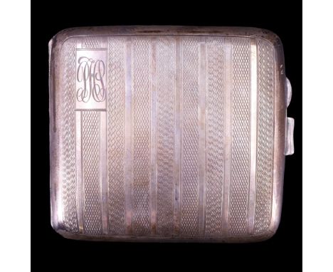 A 1930s silver cigarette case decorated with alternating banded engine turning, of subtly convex cushion form, the interior g
