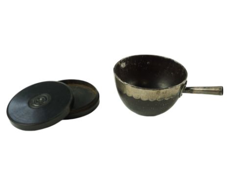 A turned lignum snuff or similar drum-form box having a screw-on lid, circa 18th Century, together with a Georgian silver-mou