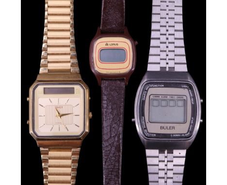 A Timex quartz digital analogue wristwatch together with Buler and Loris digital watches