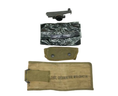 A Second World War US Army rifle grenade launcher sight and pouch, together with an amphibious landings rifle waterproof cove